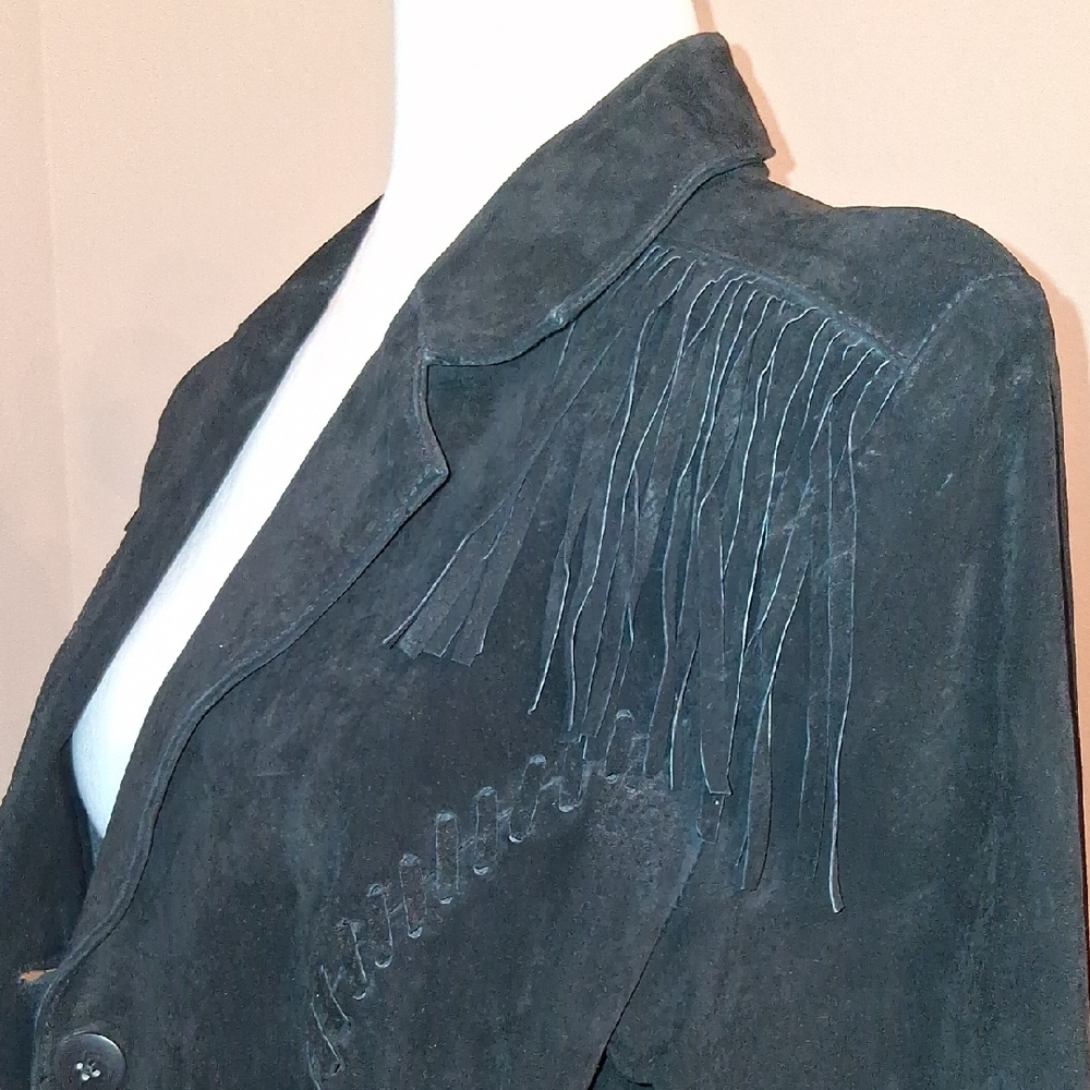 Denim&Co Black Suede Leather Fringe Blazer